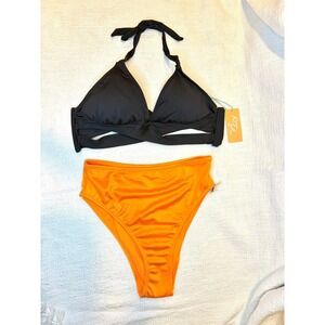 Lightly Lined Halter Top & Orange Ribbed HighWaist High Leg  Bottom - Bikini Set